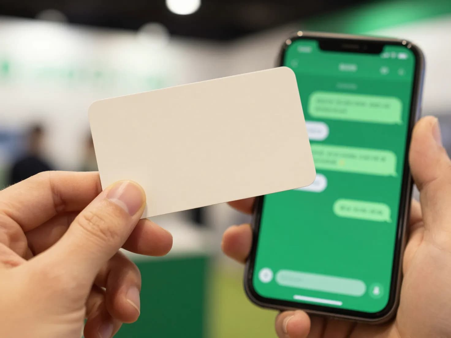 A hand holding a visiting card next to a phone showing a WhatsApp chat