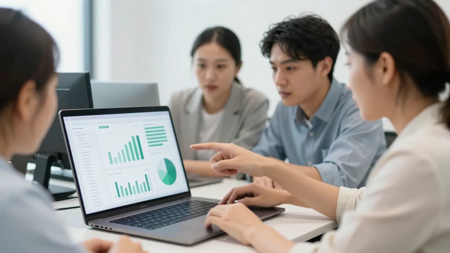 A sales team reviewing the ExpoData dashboard on a laptop